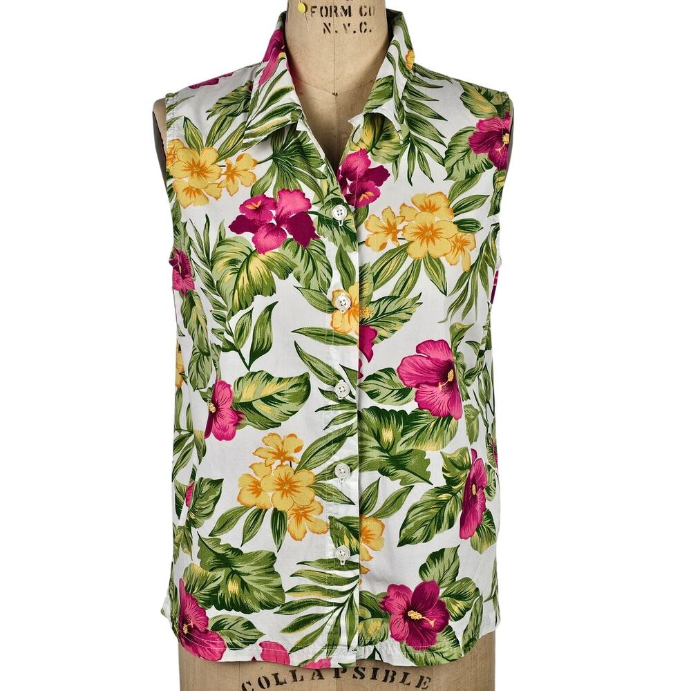 Top sleeveless cotton floral button up bold dopamine tropical floral Small